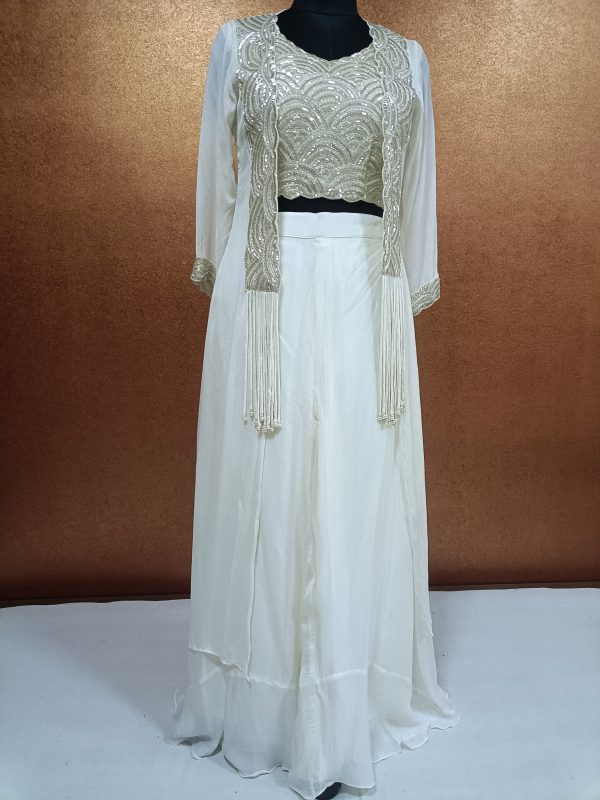 Label T2 Designer Jacket Crop Top with Plazo