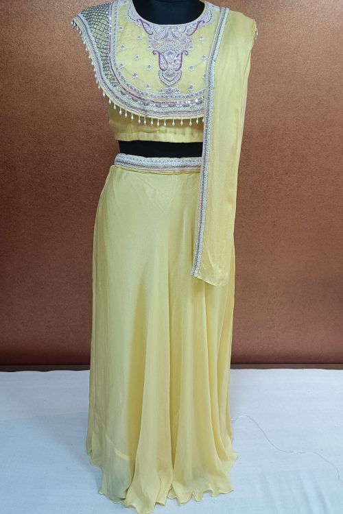 Label T2 Designer false Yoke Crop Top with Skirt Hand Embroidery