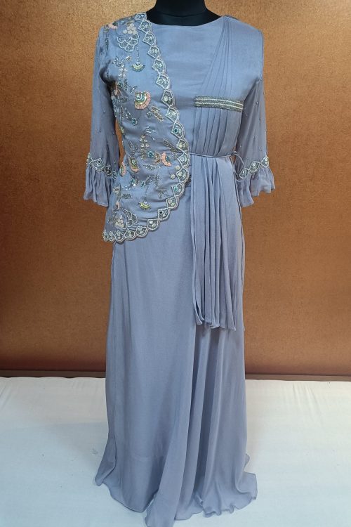 Label T2 Designer One Side Falls jacket Crop Top with Skirt: FULL HAND Embroidery
