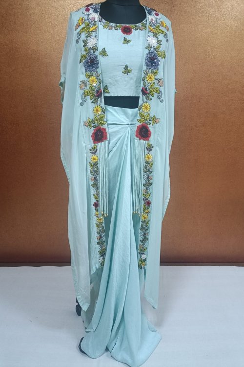 Label T2 Designer Jacket Bustair with Skirt: FULL HAND Resham Embroidery