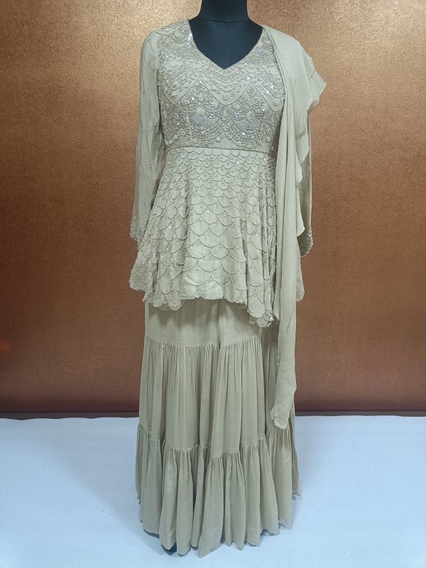 Label T2 Designer Peplum Double layer Sharara with Ruffle Dupatta Heavy Hand Embroidery