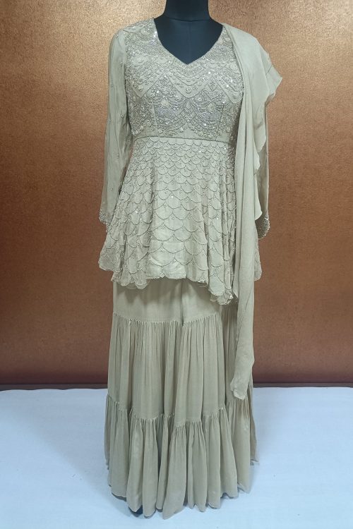 Label T2 Designer Peplum Double layer Sharara with Ruffle Dupatta Heavy Hand Embroidery