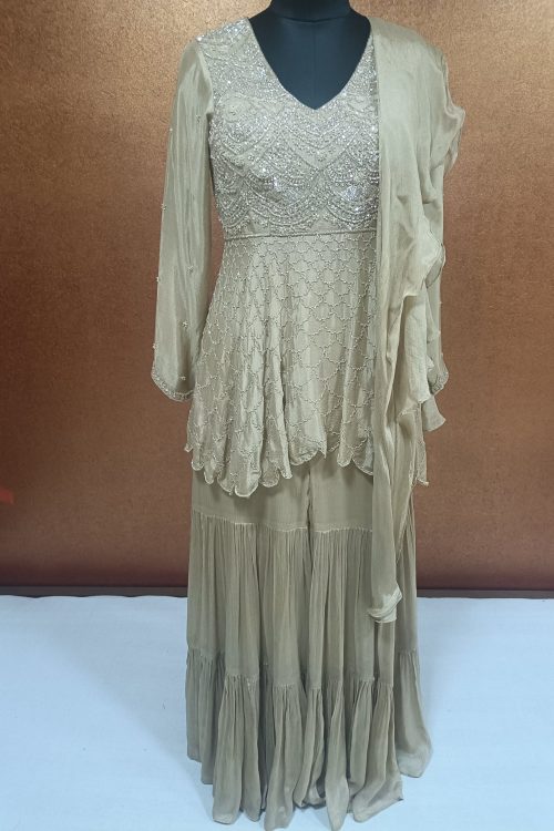 LABEL T2 DESIGNER PEPLUM DOUBLE LAYER SHARARA WITH RUFFLE DUPATTA Hand Embroidery