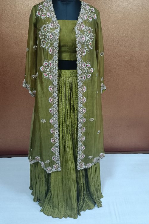Exclusive Label T2 Designer Jacket Bustair with Crush Lehenga: FULL HAND Embroidery