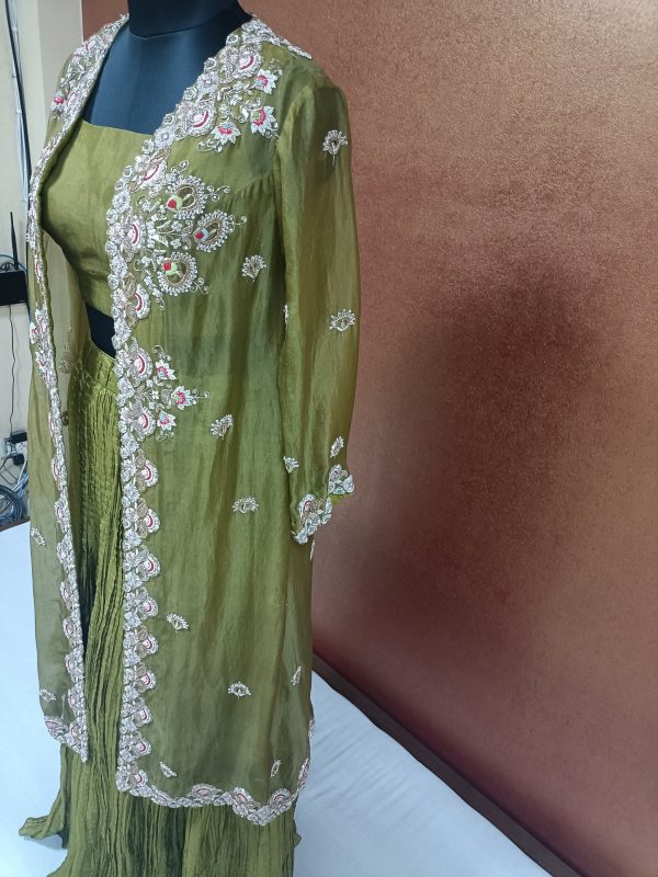 Exclusive Label T2 Designer Jacket Bustair with Crush Lehenga: FULL HAND Embroidery - Image 2