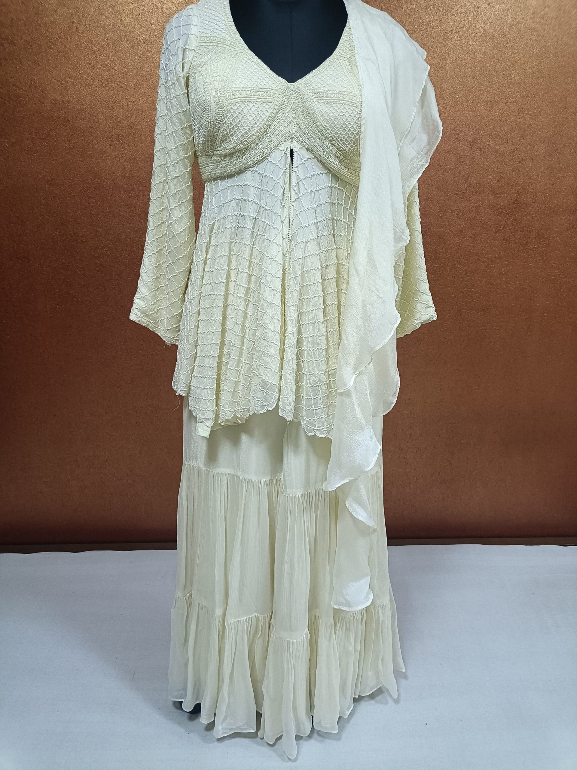 Label T2 Designer Peplum, Double layer Sharara with Ruffle Dupatta Heavy Hand Embroidery