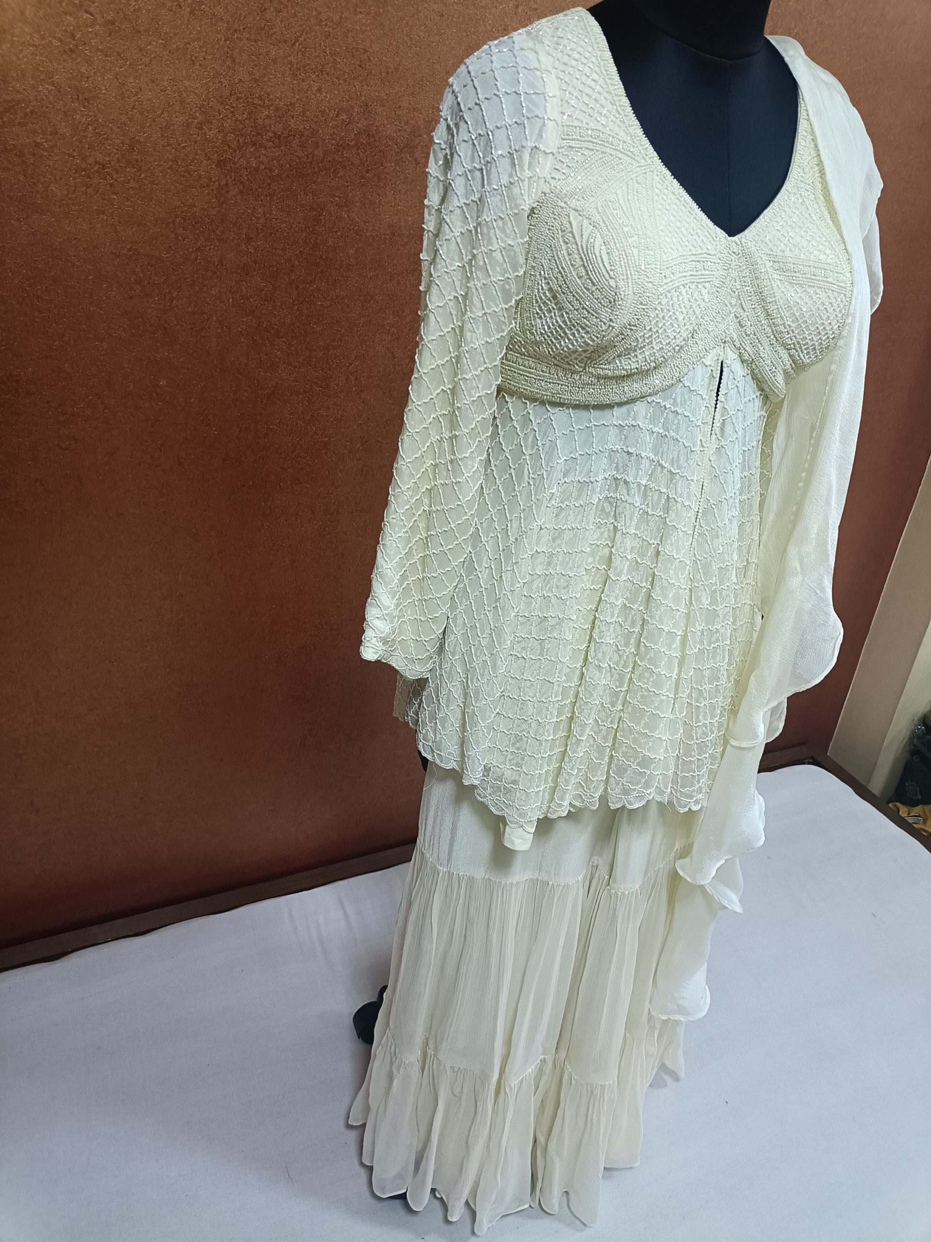 Label T2 Designer Peplum, Double layer Sharara with Ruffle Dupatta Heavy Hand Embroidery - Image 2