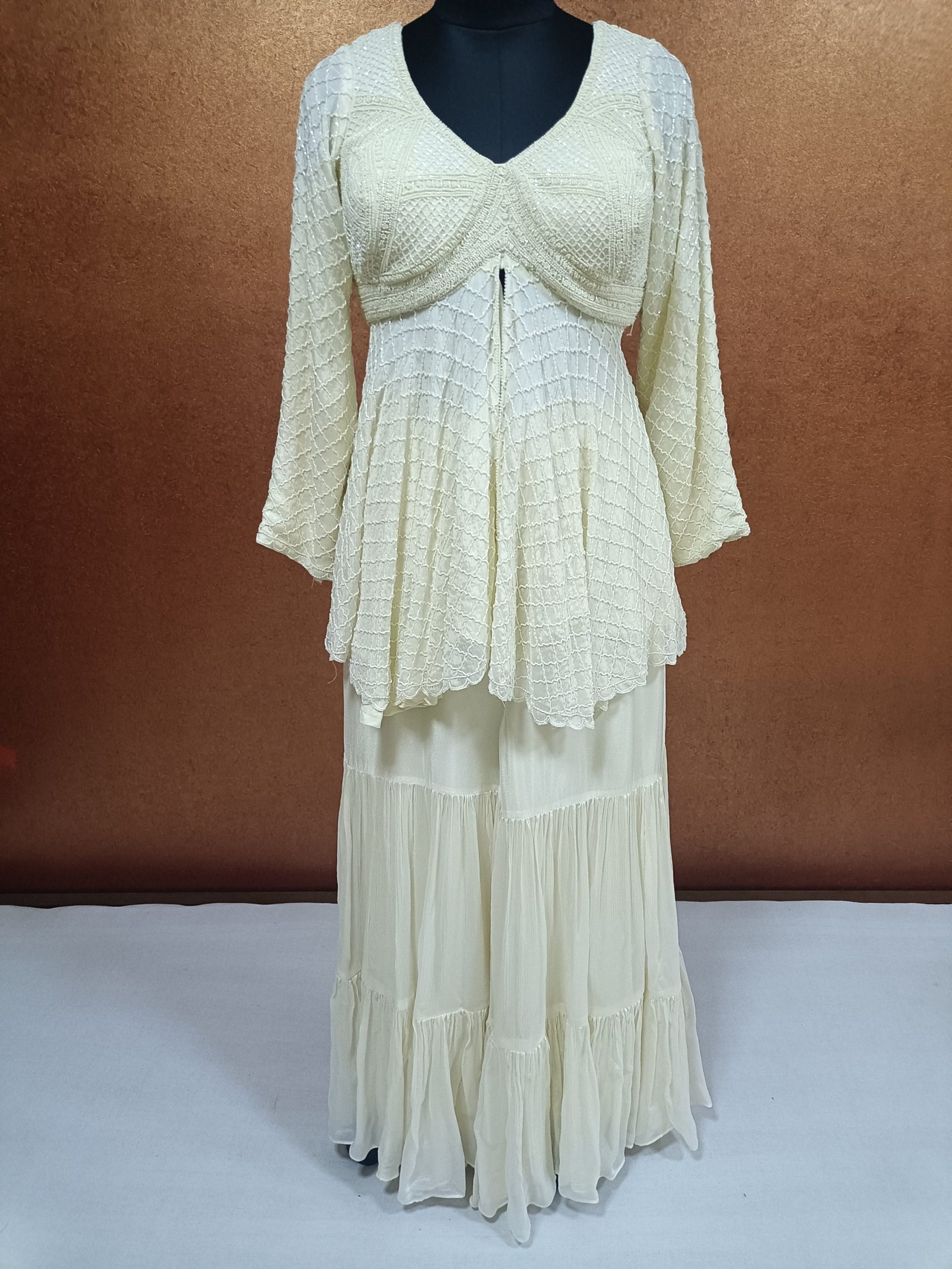 Label T2 Designer Peplum, Double layer Sharara with Ruffle Dupatta Heavy Hand Embroidery - Image 4