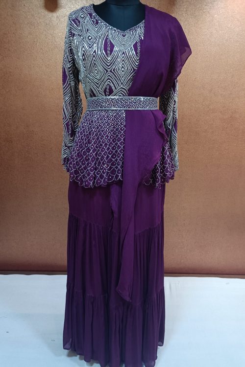 Label T2 Designer Peplum Double layer Sharara with Ruffle Dupatta: Heavy Hand Embroidery