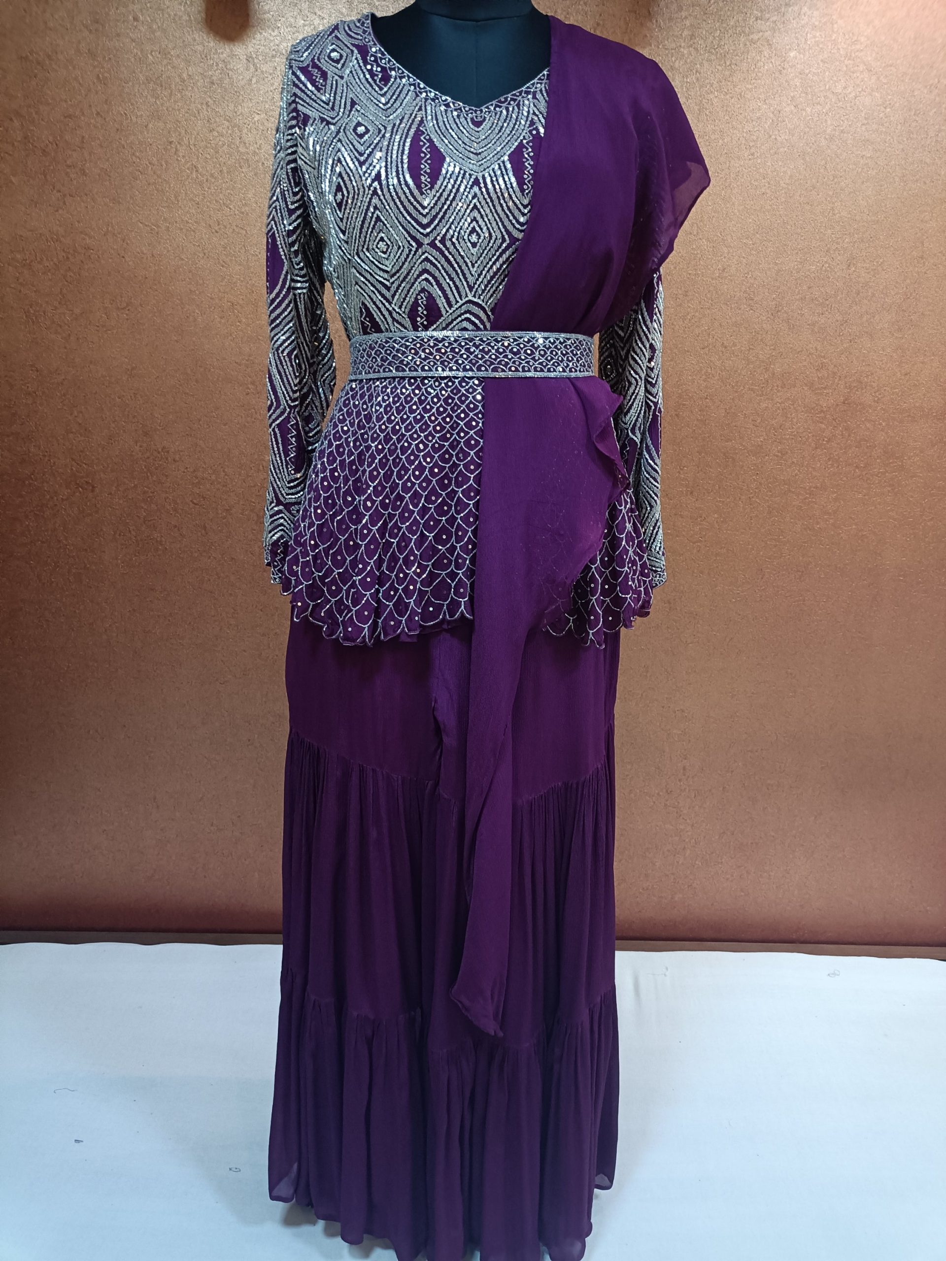 Label T2 Designer Peplum Double layer Sharara with Ruffle Dupatta: Heavy Hand Embroidery