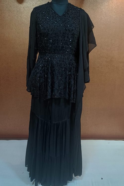 Label T2 Designer Peplum with Layer Sharara with Ruffle Dupatta:Pure Hand Embroidery