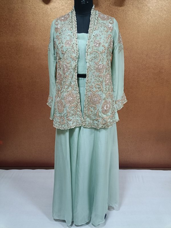 Label T2 Jacket Bustair with Plazo: Full Hand Embroidery
