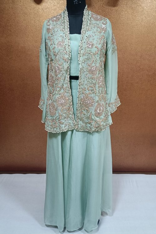 Label T2 Jacket Bustair with Plazo: Full Hand Embroidery