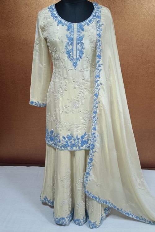 Exclusive Label T2 Designer Kurti with 12 Kali Garara with Dupatta Heavy Hand Embroidery