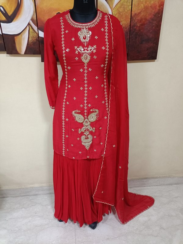 Kurti Sharara with Dupatta.  Hand Embroidery