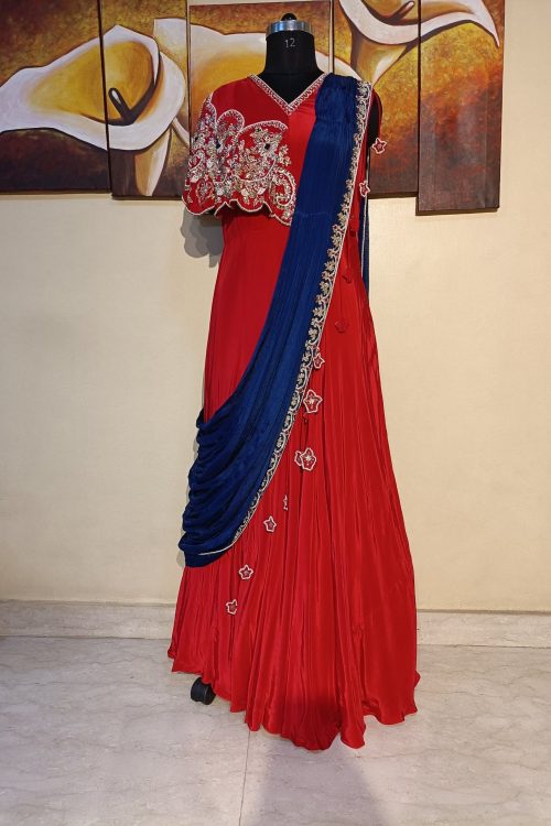 Label T2 Designer Drape Gown with Attached Dupatta. Heavy Hand Embroidery