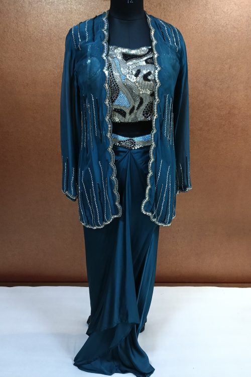 Label T2 Designer Jacket Bustair with Drape Skirt