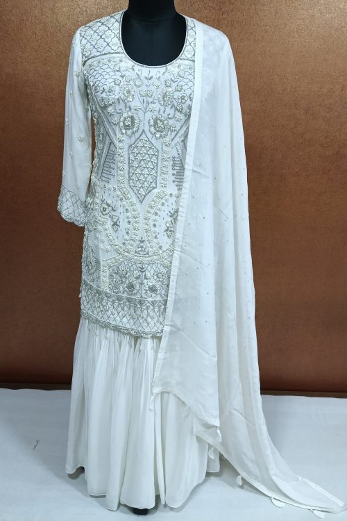 label T2 Designer Kurti Sharara with Dupatta. Heavy Hand Embroidery