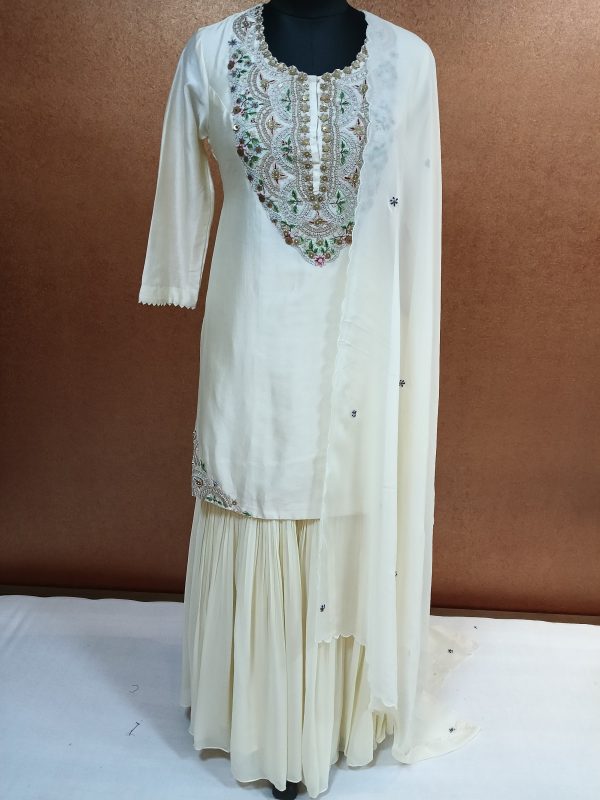 Label T2 Designer Kurti Sharara with Dupatta. Exclusive Hand Embroidery