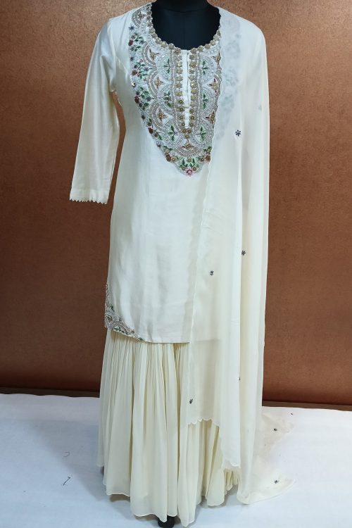 Label T2 Designer Kurti Sharara with Dupatta. Exclusive Hand Embroidery