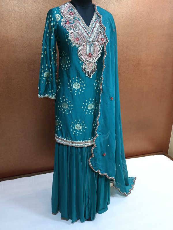 Label T2 Designer pure Bandhni Kurti Sharara with Dupatta. Exclusive Hand Embroidery