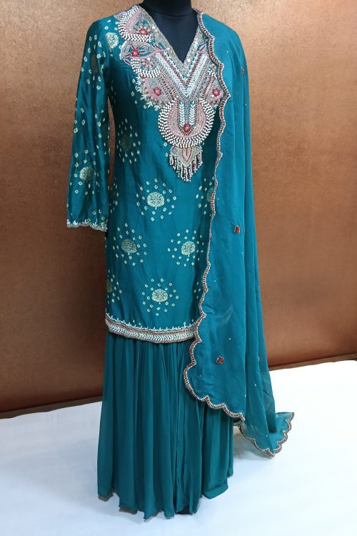 Label T2 Designer pure Bandhni Kurti Sharara with Dupatta. Exclusive Hand Embroidery