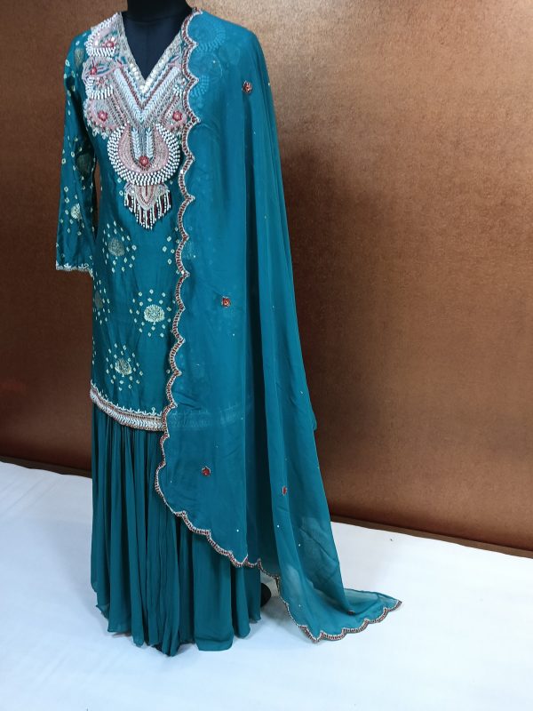 Label T2 Designer pure Bandhni Kurti Sharara with Dupatta. Exclusive Hand Embroidery - Image 2