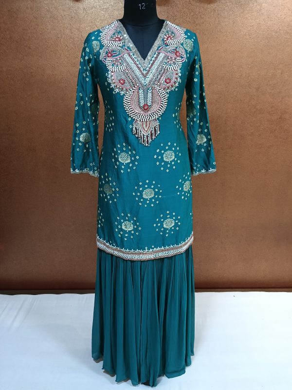 Label T2 Designer pure Bandhni Kurti Sharara with Dupatta. Exclusive Hand Embroidery - Image 3