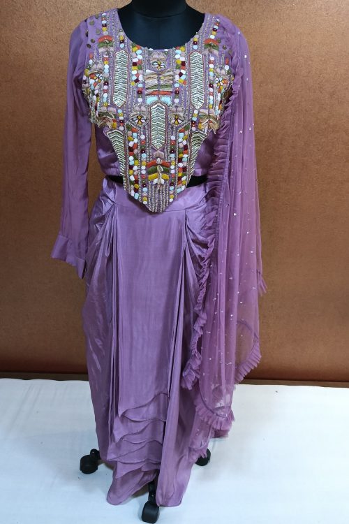 Label T2 Designer Western Crop top with Drape Skirt & Dupatta Hand Embroidery