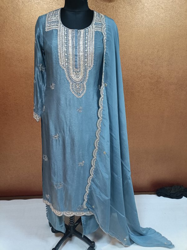 Label T2 Designer KURTI Pant Dupatta . Hand Embroidery