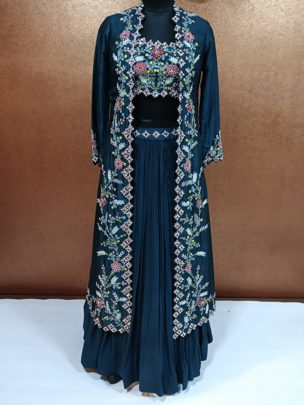 Label T2 Designer Gown Long Jacket Bustair with Lahenga