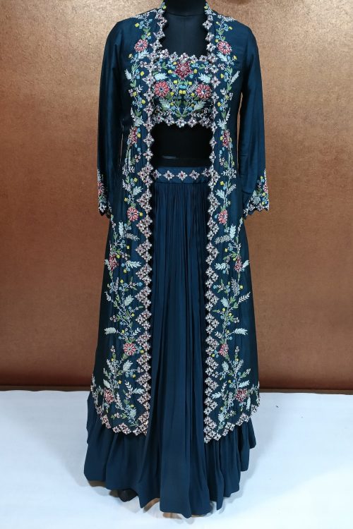 Label T2 Designer Gown Long Jacket Bustair with Lahenga