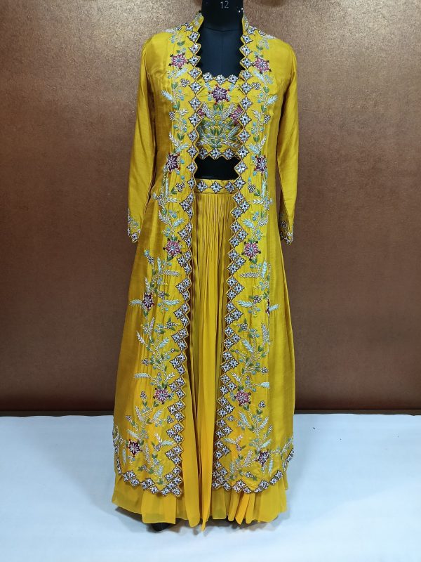 Label T2 Designer Jacket, Bustair, with Lahenga. Heavy Hand Embroidery