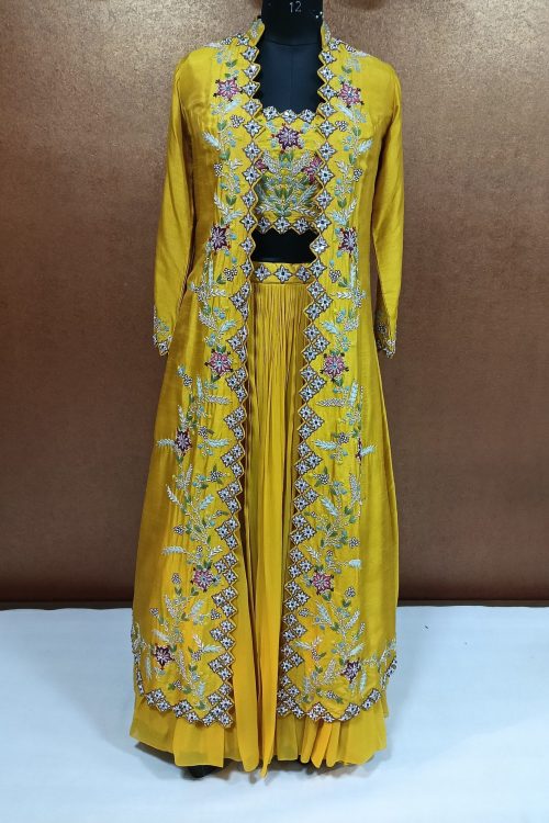 Label T2 Designer Jacket, Bustair, with Lahenga. Heavy Hand Embroidery