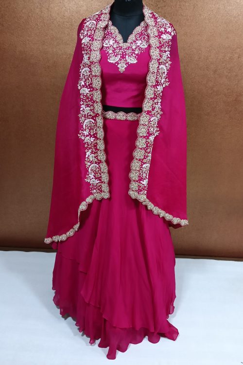 Label T2 Designer Cape Bustair with Lahenga Heavy Zardozi Hand Embroidery