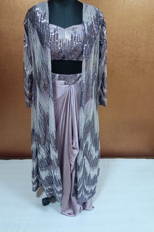 Label T2 Designer Cowl Skirt Bustair with Long Jacket: Fancy Hand Embroidery