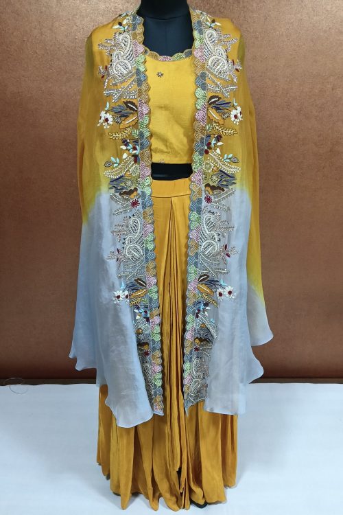Label T2 Designer Cape Bustair with Skirt. Heavy Full Hand Zardozi Embroidery