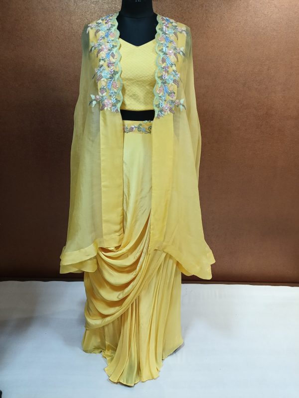 Label T2 Designer Cape Bustair with Drape Skirt Hand Embroidery