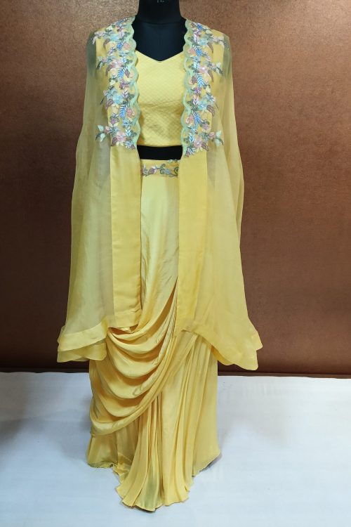 Label T2 Designer Cape Bustair with Drape Skirt Hand Embroidery