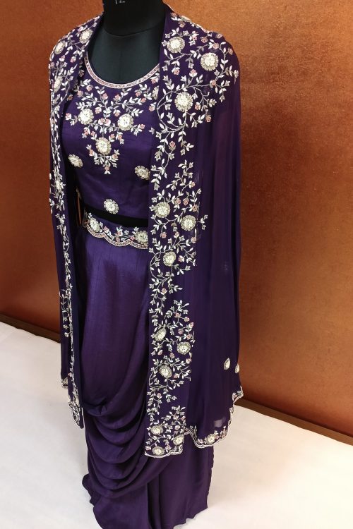 Label T2 Designer Cape Bustair with Drape Skirt. Heavy Hand Embroidery