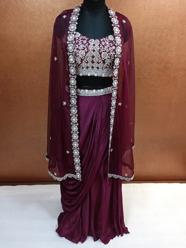 Label T2 Designer Cape Bustair with Drape Skirt Exclusive Hand Embroidery