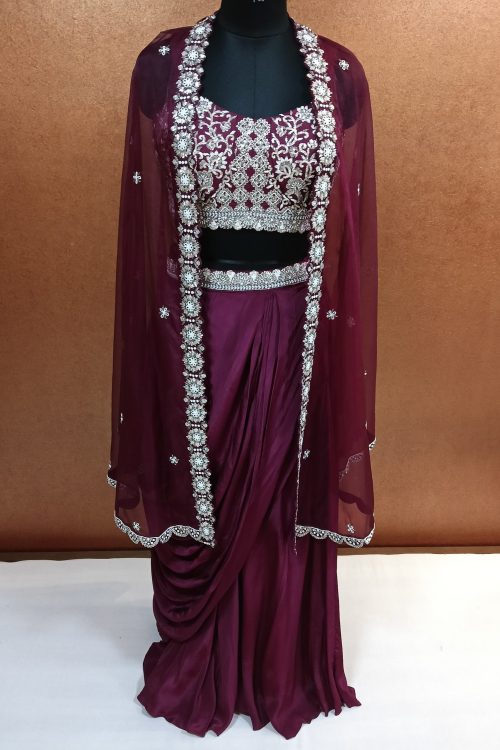 Label T2 Designer Cape Bustair with Drape Skirt Exclusive Hand Embroidery