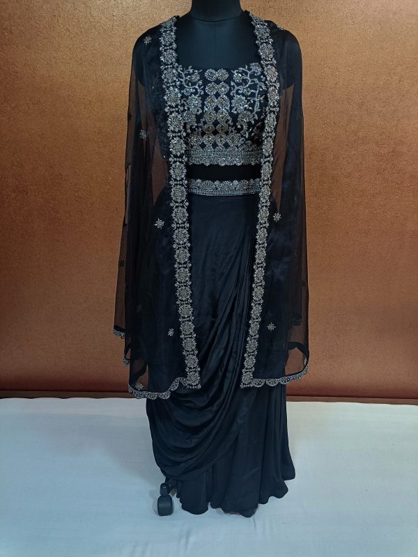 Label T2 Designer Cape Bustair with Drape Skirt Exclusive Hand Embroidery