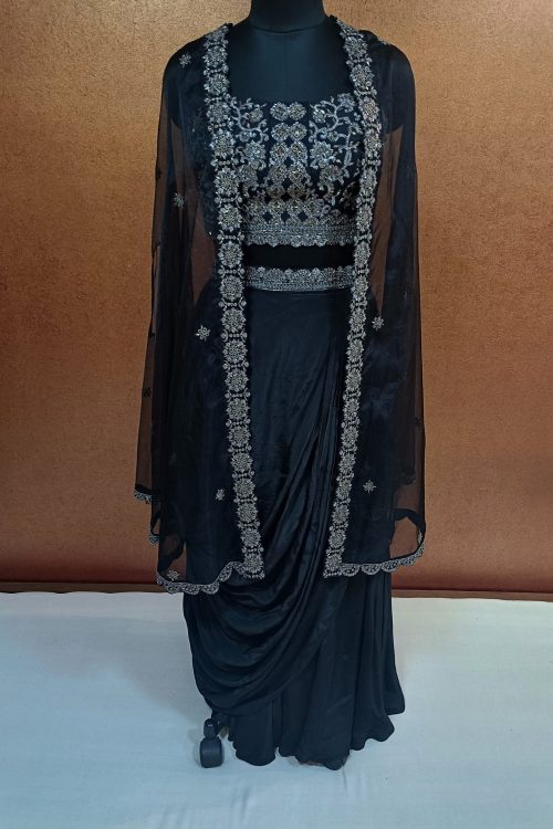 Label T2 Designer Cape Bustair with Drape Skirt Exclusive Hand Embroidery