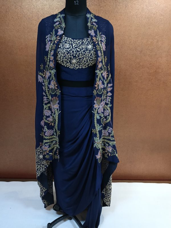 Label T2 Designer Cape Bustair with Drape Skirt Heavy Hand Embroidery