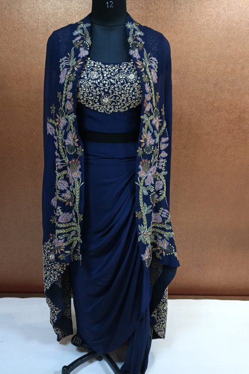 Label T2 Designer Cape Bustair with Drape Skirt Heavy Hand Embroidery